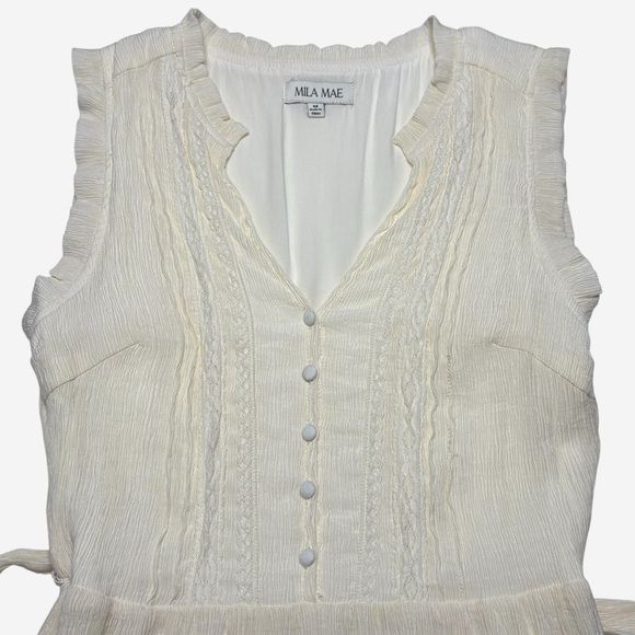 Mila Mae Sleeveless Tiered Midi Dress Size M Ivory V-Neck Button Details Belted - Picture 3 of 9